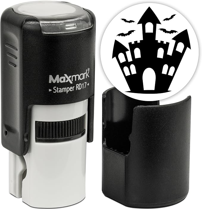 MaxMark Round Self Inking Halloween Stamp - Castle - Black Ink