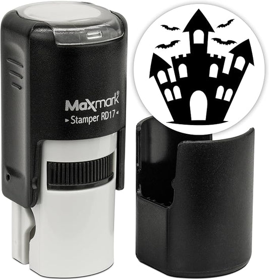 MaxMark Round Self Inking Halloween Stamp - Castle - Black Ink