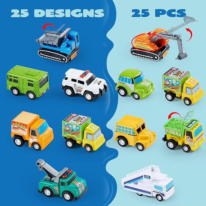 JOYIN 25 Pieces Pull Back Cars and Trucks Toy Vehicles Set for Toddlers, Girls and Boys Kids Play Set, Party Favors, School Gifts, Goodie Bags Stuffers for Kids, Christmas Birthday Gifts