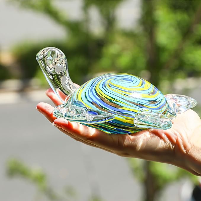 QFkris 6" Hand Blown Glass Sea Turtle Figurine, Crystal Ocean Creatures Statue, Glass Turtle Sculpture for Home Decor, Birthday Present, for Women