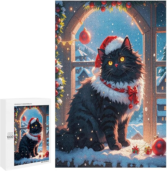 Jigsaw Puzzles for Adults 1000 Piece - Christmas Black Cat Wooden Puzzles, Educational Games，Challenge Puzzles Puzzle Games, Stress Relief Games