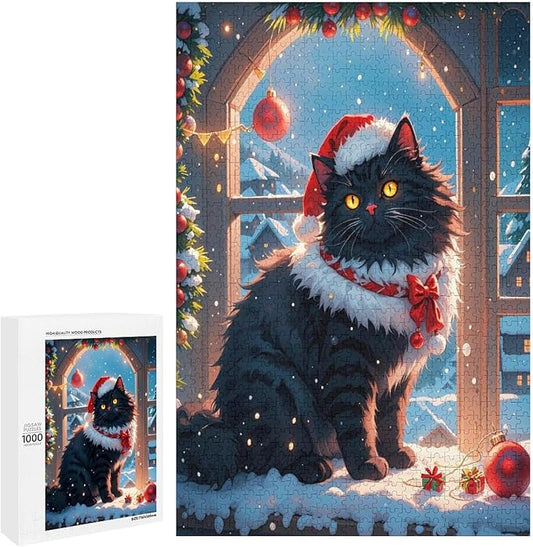 Jigsaw Puzzles for Adults 1000 Piece - Christmas Black Cat Wooden Puzzles, Educational Games，Challenge Puzzles Puzzle Games, Stress Relief Games