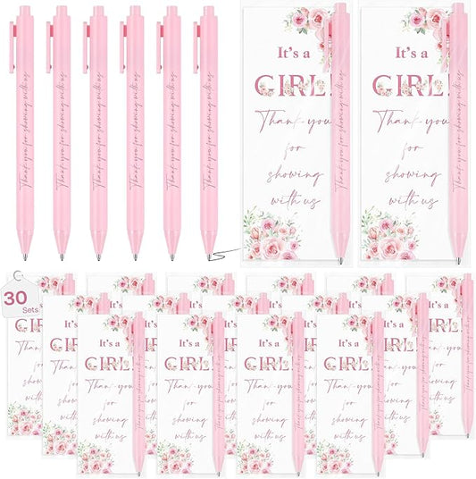 30 Sets It's a Girl Pens for Guests Girl Party Favors Retractable Ballpoint Pen with Bookmarks Black Ink Gender Reveal Souvenirs Prizes Supplies