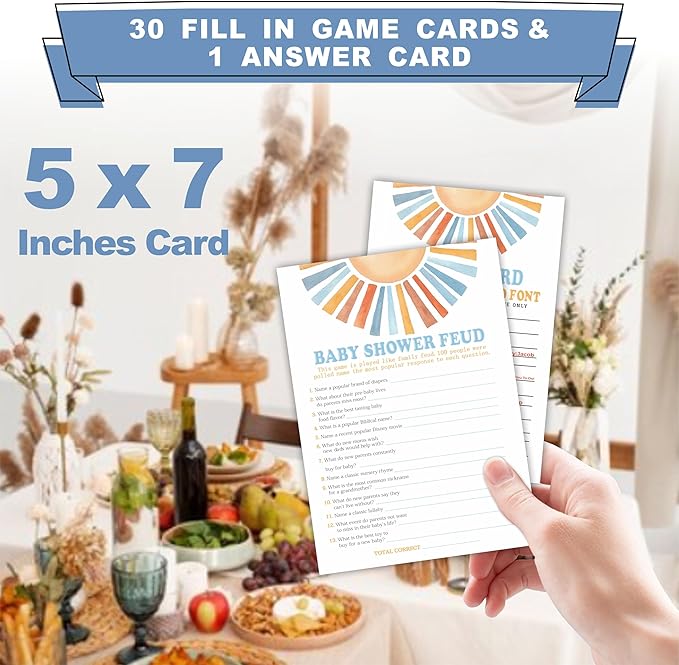 Retro Sunshine Baby Shower Feud Game Kit - Here Comes The Sun - 30 Double-Sided Game Cards & 1 Answer Card for Baby Shower, Gender Reveal Party Favor, Activity & Supplies - D06