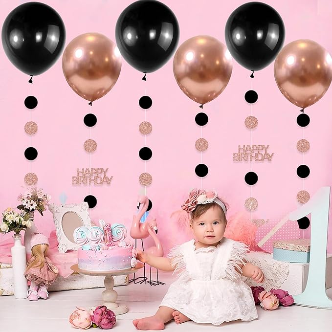 Rose Gold and Black Happy Birthday Decorations, 6PCS Glittery Circle Dots Garland and 6PCS Rose Gold/Black Balloons for Birthday Party Decor Balloon Tails