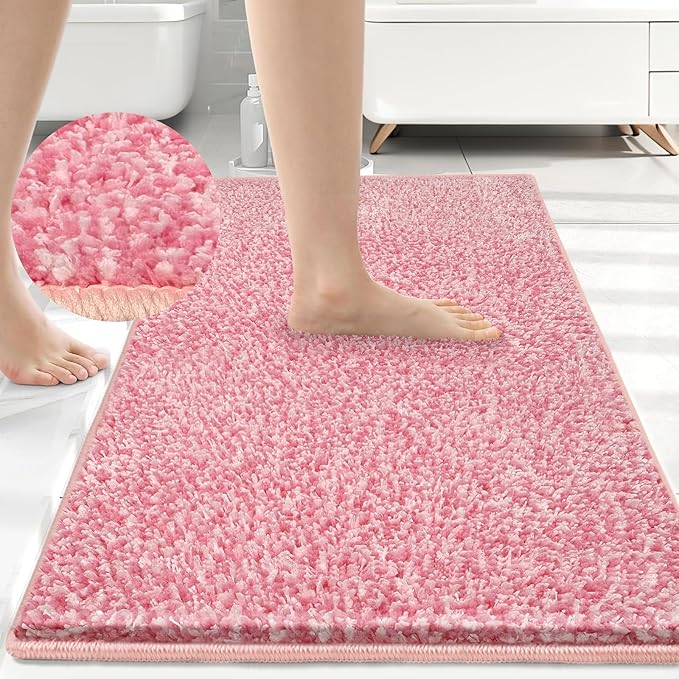 HDFK Bathroom Rugs | Non Slip Washable Bath Mats 24x16 Inches 2 Tone Chenille Medium Pile TPR Backing Floor Mat | Quick Dry Water Absorbent Pink and White | Shower Rug for Vanity Zone & Decor