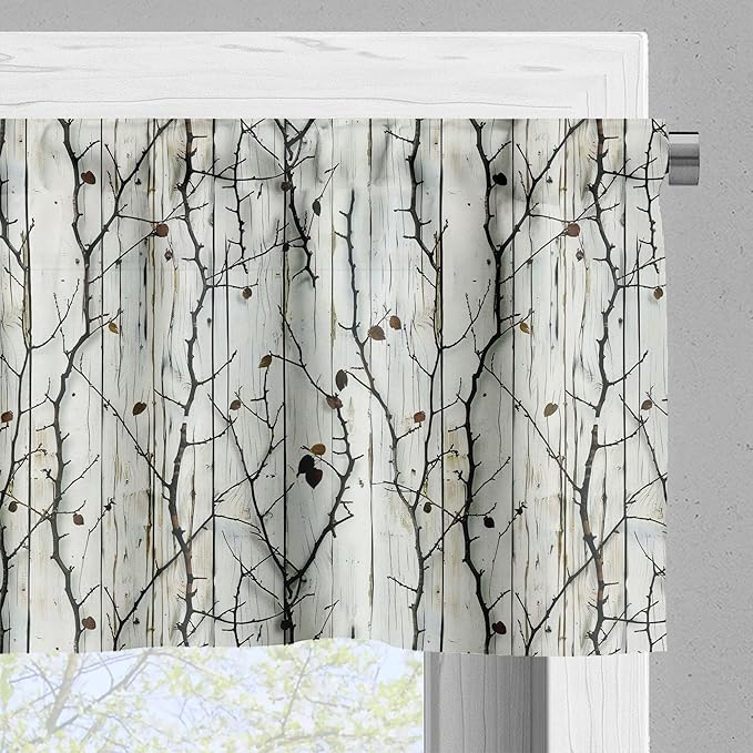 Ambesonne Botanical Valance & Tier Curtain 3 pcs Set, Autumn Vibe with Dried Leaves on Vertical Weathered Wood Planks Back, Window Treatments for Kitchen Room Decor, 55" x 30", Off White Dark Brown