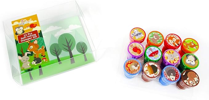 TINYMILLS 12 Pcs Woodland Animals Critters Stamp Kit for Kids Self Inking Stamps Gift Baby Shower Party Favors