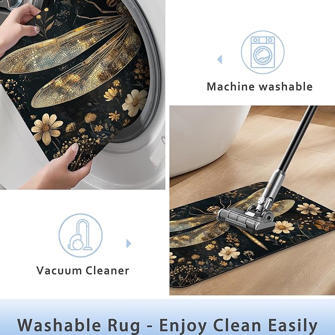 Vintage Dragonfly Bathroom Rug 29.5"x17",Flowers Quick-Drying Super Absorbent Diatomite Bath Mat with Non-Slip Backing, Thin Washable Bathroom Floor Mat Fits Under Door for Shower, Sink, or Tub