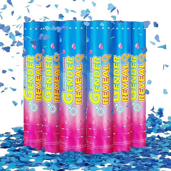 Gender Reveal Confetti Cannons – 6 Pack Blue Party Poppers – Baby Boy Gender Reveal Cannon Kit with Heart-Shaped Confetti – Easy Twist Shooters for Baby Reveal Party Decorations