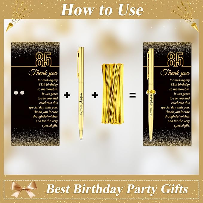 25 Sets 85th Birthday Themed Party Favors for Guests Including Birthday Ballpoint Pens and Black Gold Thank You Cards for Guests Anniversary Appreciation Gifts