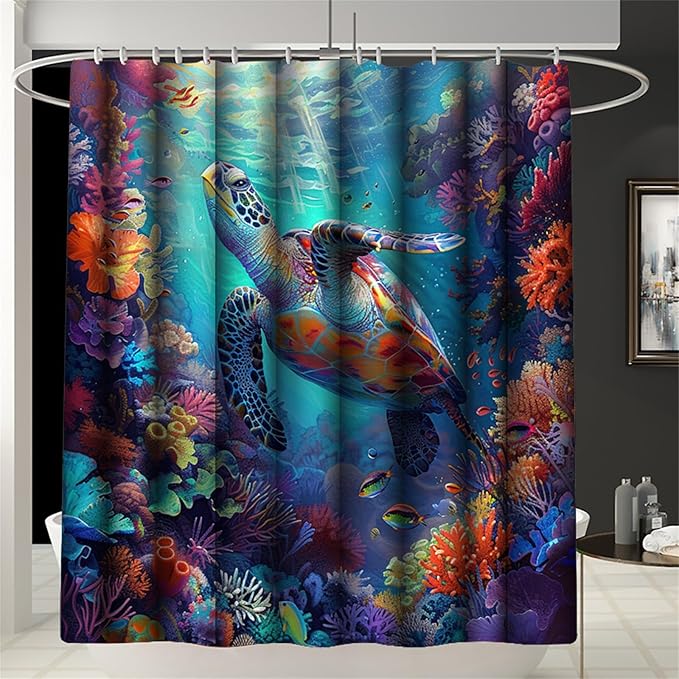 4 Pcs Kids Shower Curtain Set - Sea Turtle Shower Curtain Set Sea Turtle Bathroom Set with Rug,Toilet Cover and Bath Mat with 12 Hooks