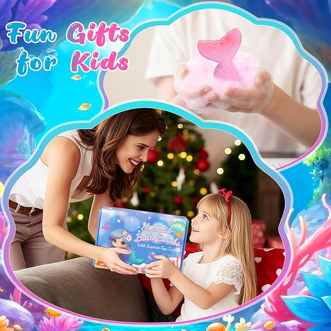 Mermaid Bath Bombs for Girls Kids with Surprise Inside, 6PCS Organic Essential Oil Bubble Bath Bombs for Kids，Christmas Birthday Gift for 3-8 Mermaid Princess Party Favors
