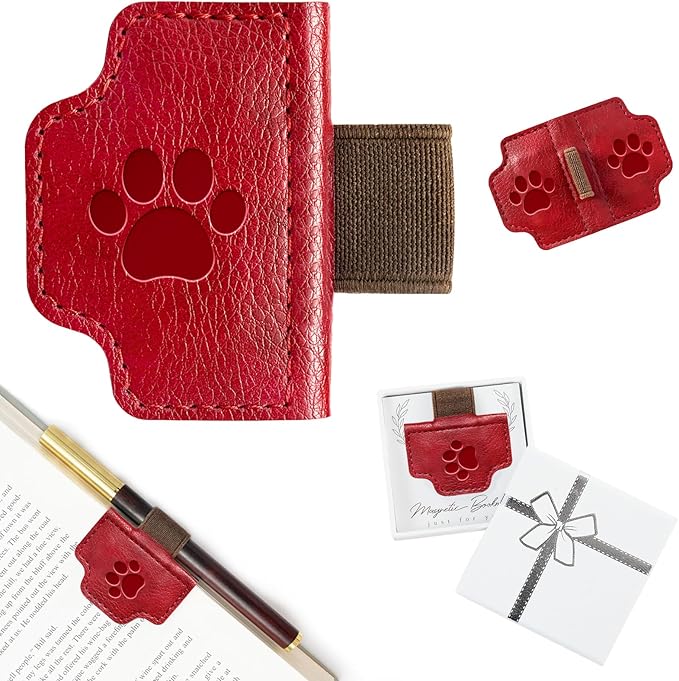 BygoneMark Magnetic Leather Bookmark with Pen Holder, Personalized Custom Initial Page Marker & Pen Clip, Professional Book Accessory for Students (Red-Cat)