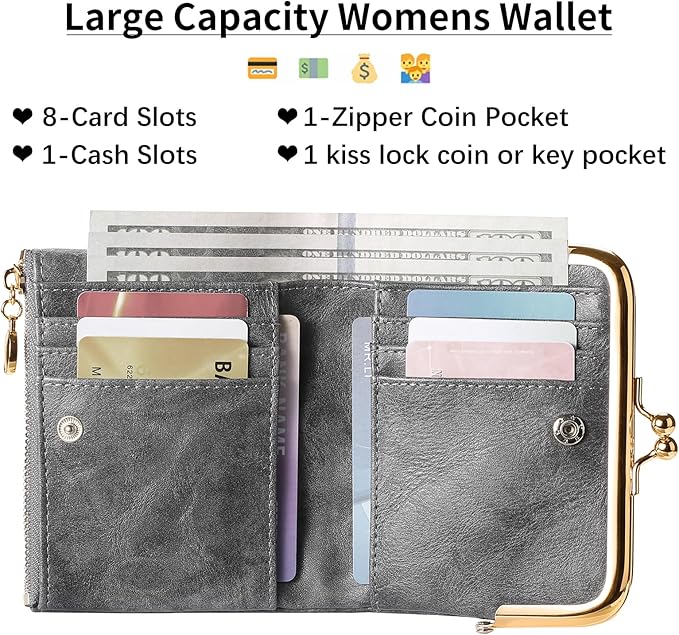 Wallet Women Small RFID Blocking Bifold Leather Wallets for Women Vintage Coin Purse With Zipper and Kiss Lock