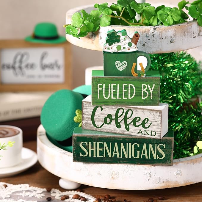 4 Pcs Wooden St. Patrick's Day Decorations Shamrock Hot Cocoa Table Centerpieces Irish Decorative Block Signs Gift Happy St. Patrick's Stacks Wooden Table Decor for Home Tiered Tray