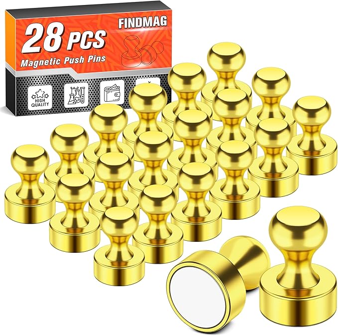 FINDMAG Strong Fridge Magnets, Decorative Small Refrigerator Magnet for Whiteboard, Aesthetic Cute Fridge Magnets, Cool Dry Erase Board Magnet for Office, Kitchen, Classroom, Map, Pack of 28 (Gold)