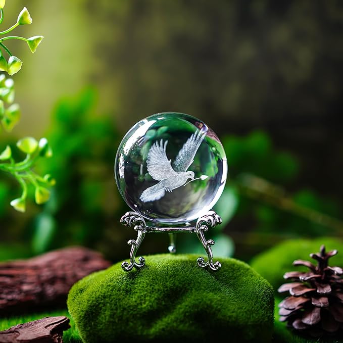 ZEERSHEE 60mm 3D Peace Dove Crystal Ball Figurine with Stand Glass Pigeon Ornament Decor for Home Table