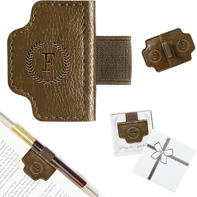 BygoneMark Magnetic Leather Bookmark with Pen Holder, Personalized Custom Initial Page Marker & Pen Clip, Professional Book Accessory for Students (Dark Brown-F)