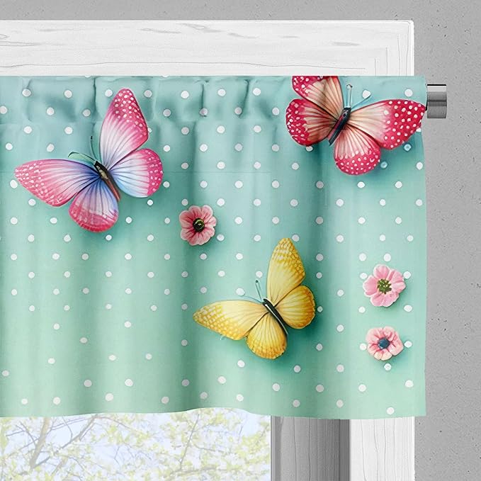 Ambesonne Butterfly Window Valance Pack of 2, Polka Dot Backdrop with Wings of Spring and Blushy Sakura Flowers, Rod Pocket Curtain Valances Kitchen Bedroom, 54" X 12",Mint Green and Multicolor