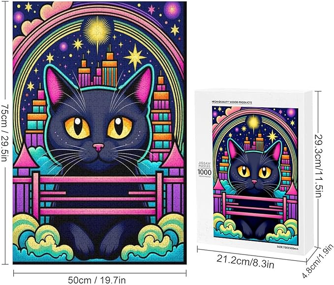 Wooden Puzzle - Dreamy Starry Night Cat Jigsaw Puzzles，Wooden Puzzles for Adults 1000 Pieces Challenge Puzzles，Educational Games，Family Puzzles，Unique Gifts for Wall Art