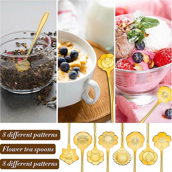 EBOOT 24 Pcs Gold Flower Teaspoon Stainless Steel Party Spoons Mini Cute Teaspoon for Stirring Coffee Sugar Drink Demitasse Kitchen Cafe Bar Tableware Party Favors Decorations