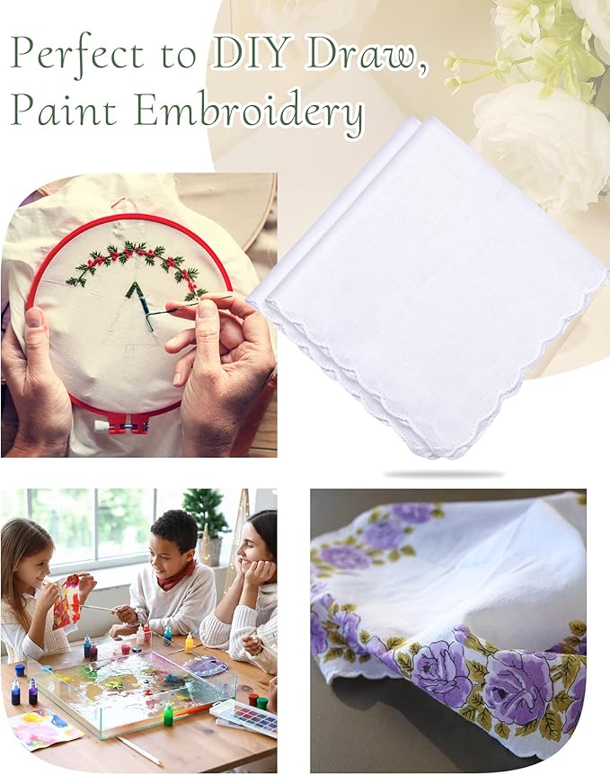 Kinlop Scalloped White Handkerchiefs for Women Men Bulk Cotton Hankies Pocket for Shower Gift Wedding Party Favor