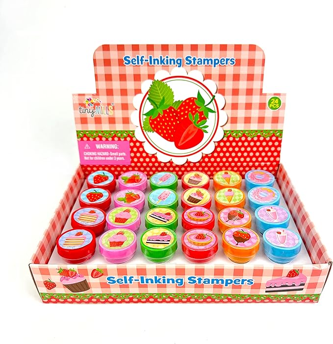 TINYMILLS Assorted Themed Stamps - 24 Pcs, 12 Different Strawberry Designs for Kids Party Favors & Goody Bag Fillers