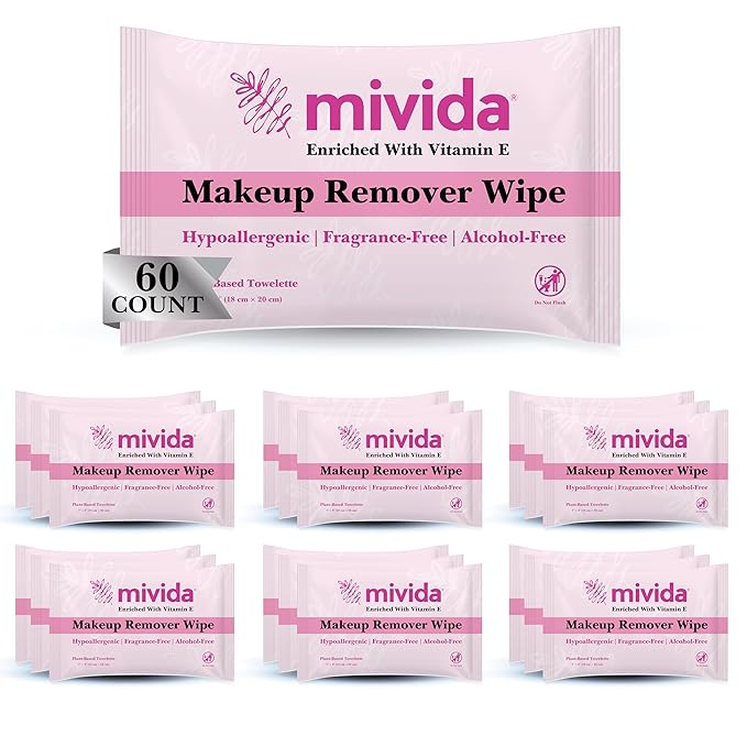mivida 60 Count Individually Wrapped Makeup Remover Wipes With Vitamin E | Fragrance-Free, Alcohol-Free Hypoallergenic single make up removing wipes | Hotel Travel Size Toiletries