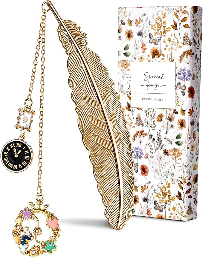 Buleens Bookmarks for Women Reading - Book Marks for Readers Book Lovers, Cute Gold Feather Luxury Fairy Personalized Metal Bookmark with Pendants, Pretty and Aesthetic Book Accessories Reading Gifts