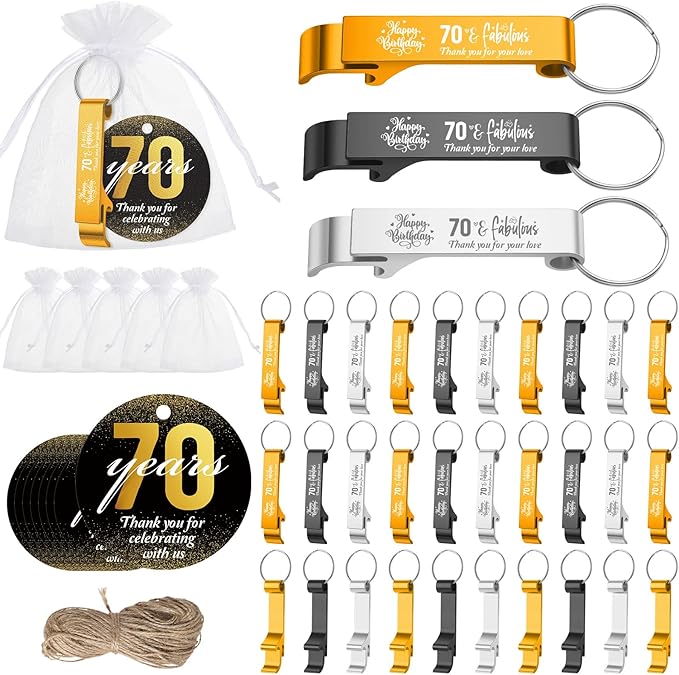 Dandat 54 Sets 70th Birthday Party Favors for Guests Birthday Beer Opener Keychain Cheers to 70 Bottle Opener Keychain with Thank You Cards and Gift Bags for Anniversary Wedding Party Favors