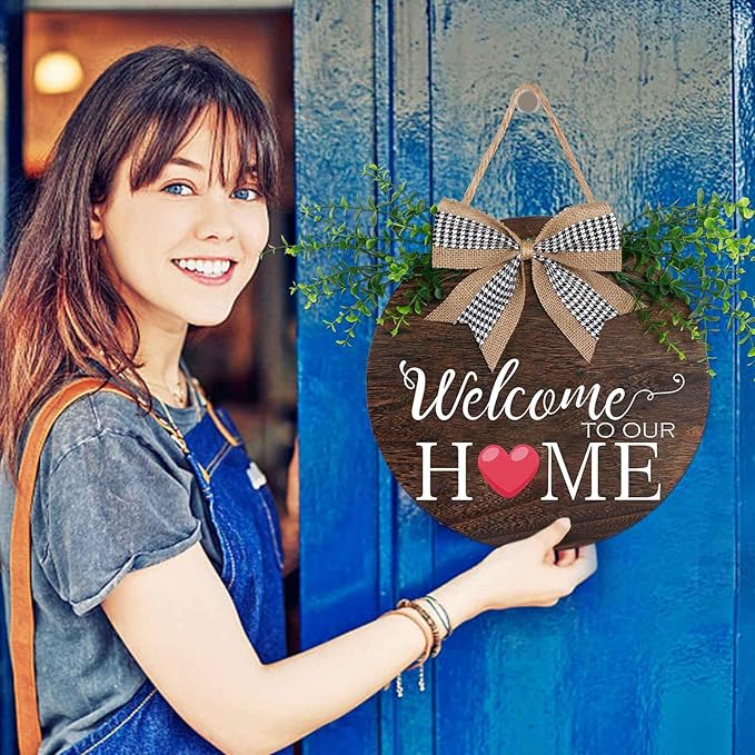 Interchangeable Welcome to Our Home Sign, Equipped with 16 Replaceable Icons, Farmhouse Front Door Signs Wooden Wreath Suitable for All Seasons Holiday Halloween Christmas (12x12 Inch)
