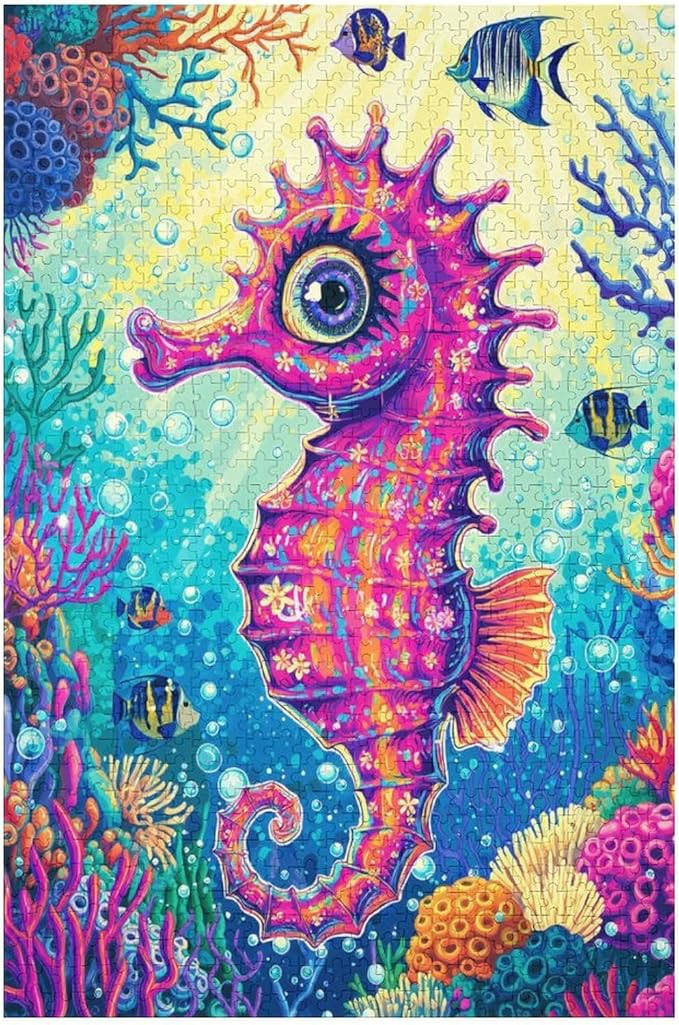 Colored Seahorse Wooden Puzzle 1000 Pieces Jigsaw Puzzles for Adults Puzzle Educational Toys Challenging Fun Games Gifts for Elders Kids Family and Friends