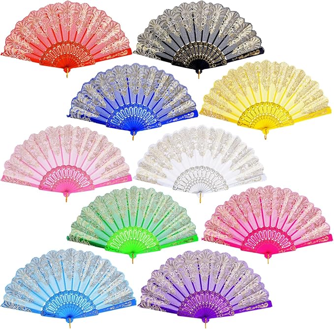 QIRMIZI 10 PACK Folding Handheld Fans,Silk Spanish fan, Perfect for Weddings, Parties, and Dancing,Mixed
