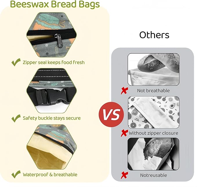 2 Pack XL Beeswax Bread Bags with Zipper Seal – Reusable Cotton Linen Waxed Bread Bags for Homemade Bread, Sourdough Storage, Eco-Friendly Bees Wax Bag Alternative to Plastic (2Pack)