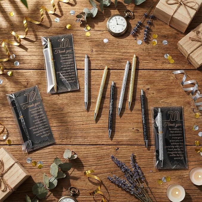 24 Set 70th Birthday Party Favor for Guests Anniversary Appreciation Gifts Birthday Glitter Ballpoint Pen and Thank You Cards for Women Men Years Party Favor Decoration Supplies