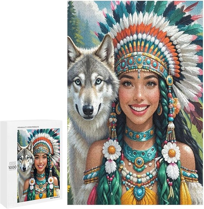 Wooden Puzzle - Indian Beauty & Wolf，Native American Jigsaw Puzzles，Wooden Puzzles for Adults 1000 Pieces Unique Gifts for Wall Art，Challenge Puzzles，Educational Games，Family Puzzles