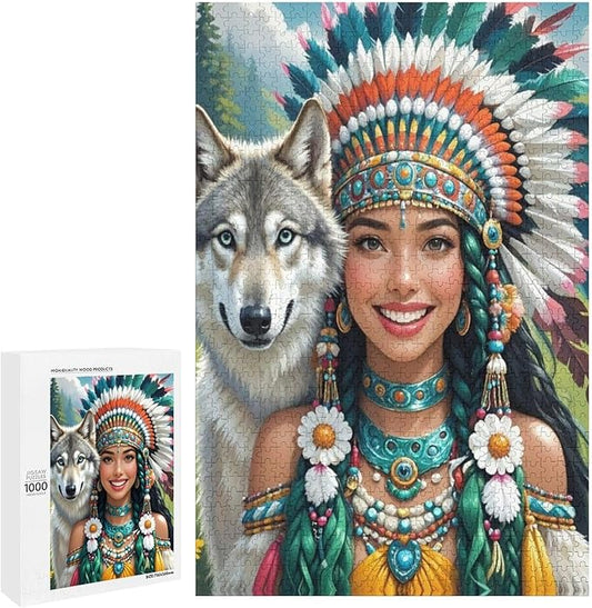 Wooden Puzzle - Indian Beauty & Wolf，Native American Jigsaw Puzzles，Wooden Puzzles for Adults 1000 Pieces Unique Gifts for Wall Art，Challenge Puzzles，Educational Games，Family Puzzles