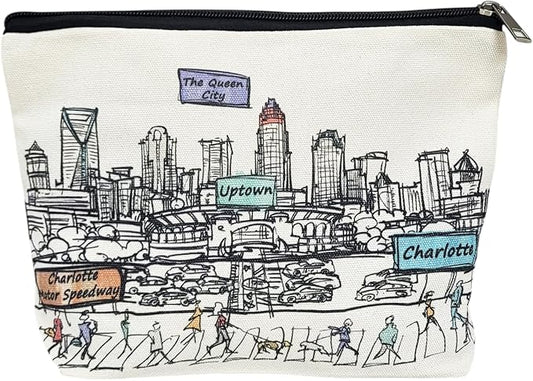 Cities Around the World Artwork Cosmetic Bag Series – Designed in USA, Travel Makeup Bag with Zipper, Souvenir Gift for Women, Artwork Organizer for Purse or Toiletry (Charlotte)