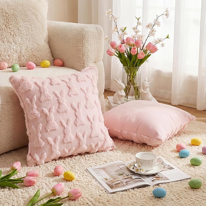 AVOIN colorlife Easter Rabbits Pink Throw Pillow Covers, 18 x 18 Inch Bunny Soft Plush Faux Fur Jacquard Cushion Case Decoration for Sofa Couch Set of 2