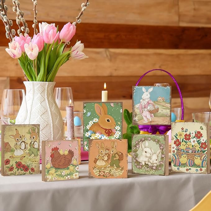 Wenqik 8 Pcs Vintage Easter Decorations Retro Bunny Wooden Sign Easter Table Centerpiece Tiered Tray Decor Bunny Ornaments Cute Spring Chicks Decor for Home Tabletop Desk Shelf Office Farmhouse