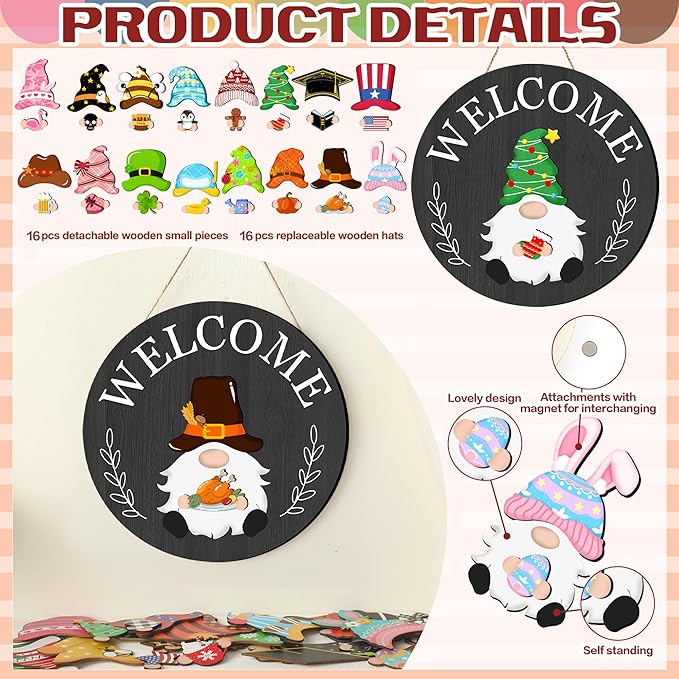 Veluckin Seasonal Gnome Wall Decor Set, 11.8 inch Thanksgiving Wooden Round Sign with Interchangeable Holiday Hats, Autumn Welcome Door Hanging (Black grey-3)