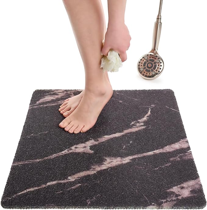 Enkosi Loofah Shower Mat Non Slip – Square Anti Slip Bath Mat for Inside Showers, Bathtub, Tub, Bathroom - Cushioned, Quick Dry PVC with Drain Holes - Secure Grip Safety Pad (Marble Black 24x24)