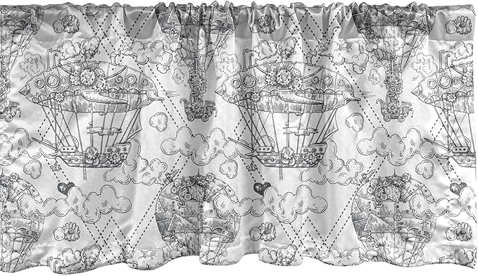 Ambesonne Retro Window Valance Pack of 2, Vintage Hot Air Balloon Aircraft with Industrial Mechanics System on Sky Sketch, Rod Pocket Curtain Valances for Kitchen Bedroom, 54" X 18", Dark Taupe Grey