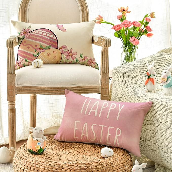 AVOIN colorlife Happy Easter Hunny Bunny Pink Throw Pillow Covers, 12 x 20 Inch Easter Eggs Bunny Spring Cushion Case for Sofa Couch Set of 4