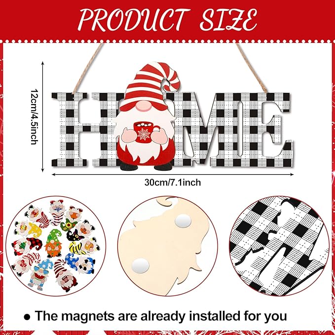 Yookeer 13 Pcs Interchangeable Gnome Home Sign Wood 3D Christmas Winter Seasonal Door Decor Rustic Farmhouse Home Decoration for Holiday Wall Decor Gift(Black and White)
