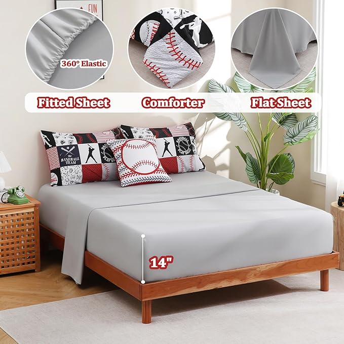6 Pcs Baseball Bedding Sets Sports Full Comforter Set with Sheets for Boys Kids Teens