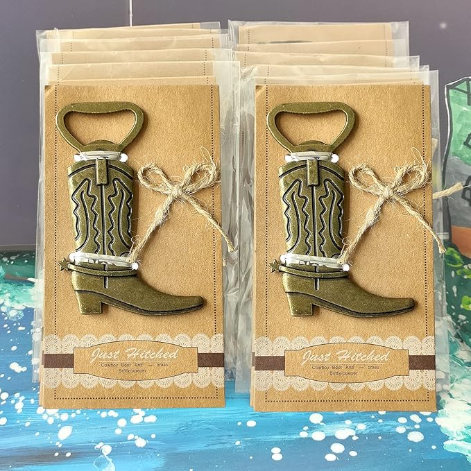 24PCS Cowboy Boot Bottle Opener "Just Hitched"Stainless Steel Opener Wedding Favor Perfect Gifts Vintage Bridal Shower Birthday Baby Shower Party Decorations (Cowboy Boot, 24)