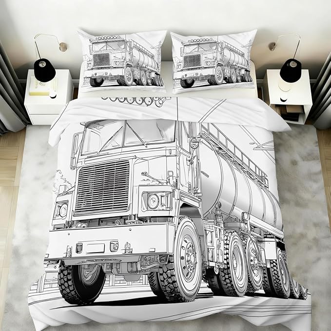 Tanker Truck Duvet Cover Full Size Mechanical Vehicle Bedding Set Black White Mechanical Cars Comforter Set Industrial Style Duvet Cover Soft Microfiber for Bedroom