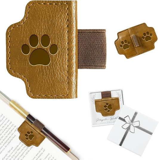 BygoneMark Magnetic Leather Bookmark with Pen Holder, Personalized Custom Initial Page Marker & Pen Clip, Professional Book Accessory for Students (Light Brown-Cat)